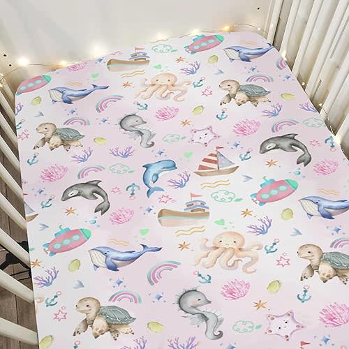Colorful Ocean Animals Baby Crib Sheets for Boy Girl 52x28Inch Sea Horse Turtle Whale Rainbow Corals Soft Snug Fitted Crib Mattress Cover Marine Life Baby Sheet for Standard Crib & Toddler Mattress