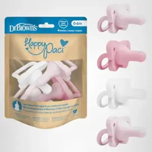 Dr. Brown's HappyPaci 100% Silicone Baby Pacifier, Contoured One-Piece Design, Light Pink/Pink/White, 0-6m, BPA-Free, 4-Pack