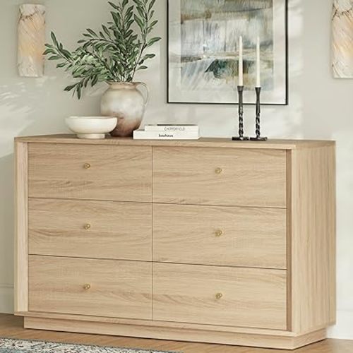 Mid Century Modern Dresser, 6 Drawer Dresser with Storage, 47" Wide Chest of Drawers with Wood Grain Texture, Drawers Organizer for Bedroom, Living Room, Hallway, White Oak