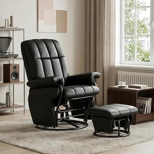 360° Swivel Recliner Chair, Nursing Glider Rocking Recliner Chair with Ottoman & Side Pockets, Gliding Chair for Nursery, Office, Living Room, Bedroom, Metal Frame