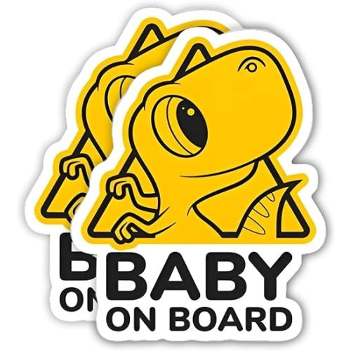 eDesign Baby Dinosaur Baby on Board Sticker for Cars - 5 Inches - Baby in Car Sticker for Cars Truck SUV Van Window Bumper Baby on Board Decal 2-Pack, Yellow, Black