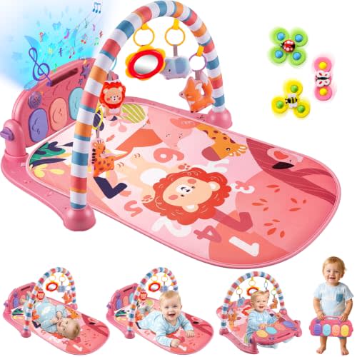 Joryuek Baby Play Mat, Tummy Time Mat with Piano Music and Lights, Baby Activity Play Gym with Sensory Development Toys, Boy and Girl Gifts for Newborn Infant Aged 0 to 3 6 9 12 Months(Sweet Pink)