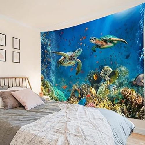 MEUNEAR Turtle Blue Ocean Wall Tapestry Sea Turtle Tropical Fish Coral Reef in Underwater World Tapestry Wall Hanging Nature Landscape Tapestries for Bedroom Living Room Dorm Decor,70L X 92W inches