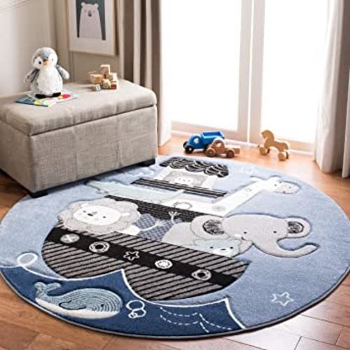 SAFAVIEH Carousel Kids Collection Area Rug - 5'3" Round, Blue & Grey, Animal Design, Non-Shedding & Easy Care, Ideal for High Traffic Areas for Boys & Girls in Playroom, Nursery, Bedroom (CRK121B)