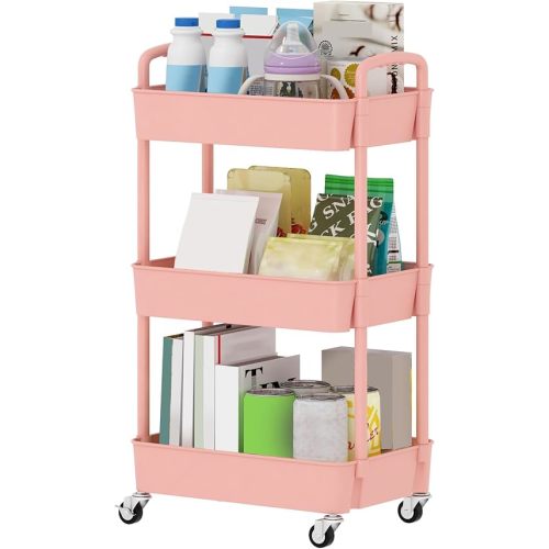 Sywhitta 3-Tier Plastic Rolling Utility Cart with Handle, Multi-Functional Storage Trolley for Office, Living Room, Kitchen, Movable Storage Organizer with Wheels, Pink