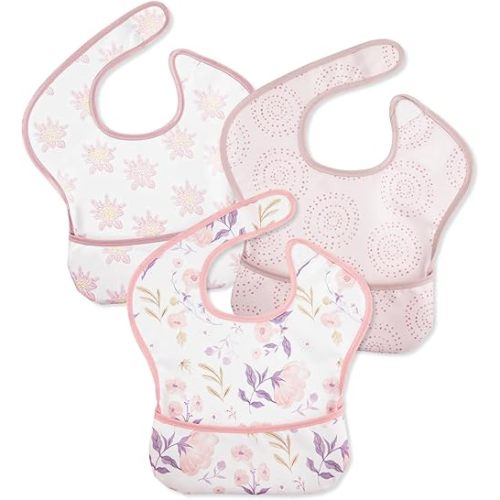 Mess Proof Baby Bib 3 Pack, Waterproof Led Weaning Baby Feeding Bibs with Food Catcher, Travel Feeding Bibs
