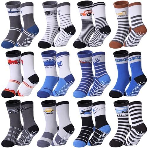 Toddlers Boys Non Slip Grip Socks Crew Cotton Socks with Grippers - 12 Pairs