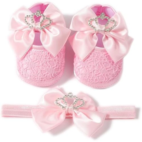 Newbron Baby Girls Mary Jane Shoes with Headband Soft Sole Anti-skidding Crown Bowknot Lace Princess Flats Infant Shower Wedding Dress Crib Shoes