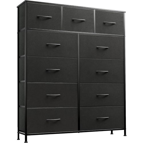 WLIVE Storage Organizer Unit with 11 Fabric Bins, Storage Drawers Organizer with Steel Frame, Tall Storage Tower Organizaton for Living Room, Hallway, Office, Charcoal Black