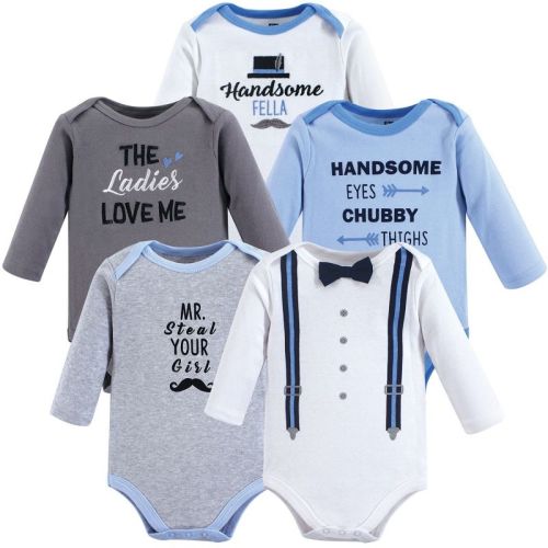 Hudson Baby Infant Boy Cotton Long-Sleeve Bodysuits 5pk, Handsome Fella, 9-12 Months