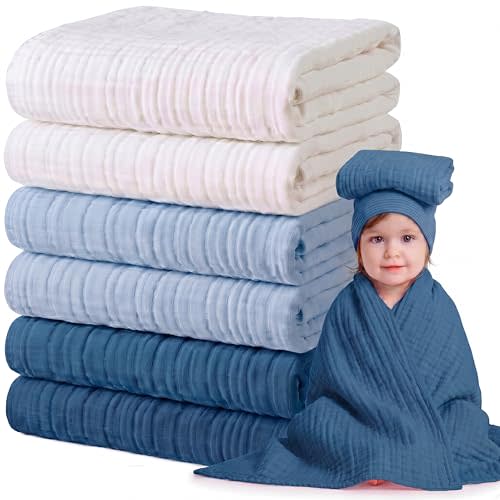 Chumia 6 Pack Baby Muslin Bath Towels 6 Layer Soft Cotton, Blue and White | 43.3" Square Swaddle Receiving Blankets Breathable Quick Dry for Newborn Infant Toddler, Baby Shower Registry Gifts Bulk