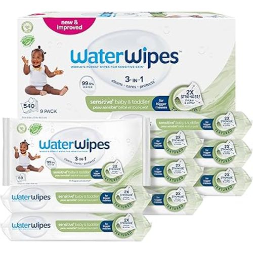 WaterWipes Sensitive+ Baby & Toddler Wipes, 3-In-1 Cleans, Cares, Protects, 99.9% Water, Textured Clean, Unscented & Hypoallergenic, 540 Count (Pack of 9)