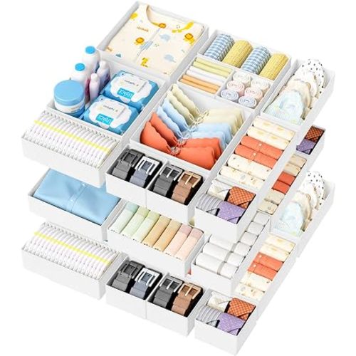 DIMJ Drawer Organizer Clothes Storage - 18 Pack Baby Dresser Organizer for Nursery, Foldable Closet Drawer Organizer Bins for Bedroom Organization, Fabric Storage Dividers for Socks, Underwears, White
