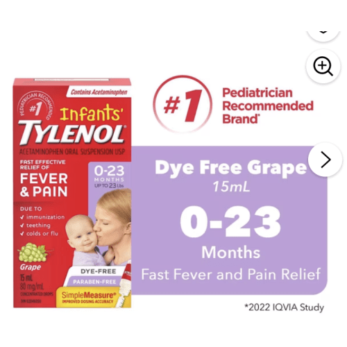 Tylenol Infants' Medicine, Relief of fever & pain, 0-23 Months, Dye-Free Grape Suspension liquid, Acetaminophen 80mg