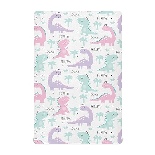 GOODOLD Princess Dinosaur Crib Sheets for Boys Girls, 52x28 Inch Soft and Breathable Pack n Play Sheets, Portable Mini Stretchy Cribs Sheets