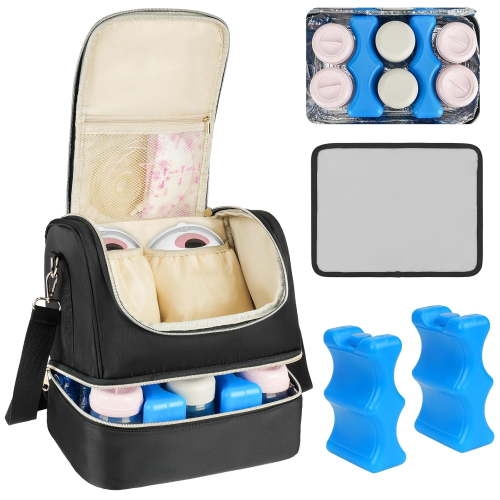 Wearable Breast Pump Bag with Cooler Compartment Fits for Willow/Eufy/Elvie/Momcozy M5/S12 Pro/Medela, Breast Milk Travel Tote Bag with Ice Pack & Waterproof Mat,Black