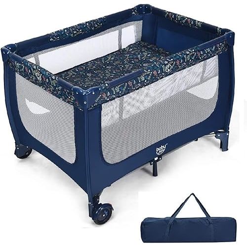 BABY JOY Portable Playard with Bassinet, Double Layer Foldable Baby Playpen with Breathable Mattress, Lightweight Easy Set up Baby Crib with Carry Bag, Foldable Travel Crib from Newborn to Toddlers
