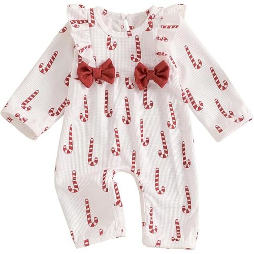 Newborn Baby Girl Christmas Outfit Waffle Knit Santa Candy Jumpsuit Romper Ruffle Bodysuit Long Overalls with Bow