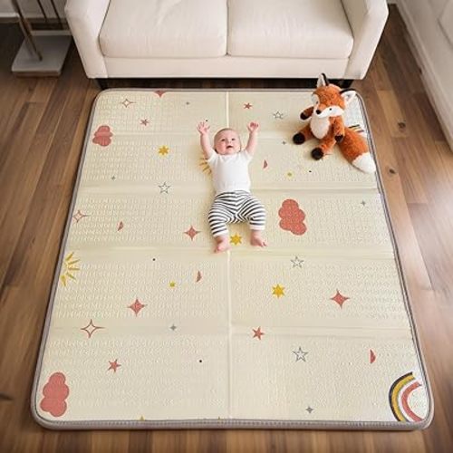 Mallify Extra Large Foldable Play Mat, Reversible Baby Play Mat with Edge Reinforcement, Non-Toxic & Waterproof Baby Mat for Floor, Foam Playmat for Infants Toddlers, Rainbow, Cloud & Moon, 47''x71''