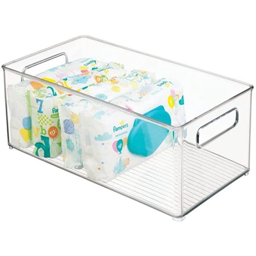 mDesign Plastic Deep Bin Organizer Caddy Container w/ Handles for Nursery, Kitchen, Pantry, Bathroom, Cabinet Storage Organization - Holds Snacks, Bottles, Baby Food Jar, Diaper - 14" Long -Clear