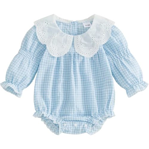 Sasaerucure Newborn Baby Girl Long Sleeve Romper Gingham Clothes Ruffle Collared Jumpsuit Top Bubble Outfit Fall Spring