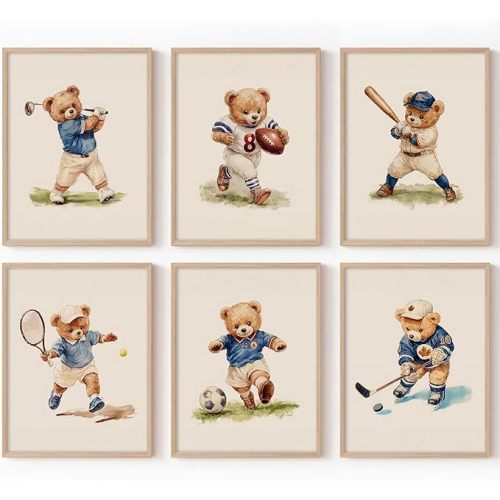 Olctedo Nursery Bear Sports Wall Art Vintage Boy Room Canvas Wall Decor Baby Teddy Bear Pictures Boy Nursery Art Prints Kids Animal Poster Artwork for Toddler Bedroom Playroom 8x10 Inch Unframed 6Pcs