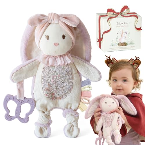 Moonkie Baby Lovey with Silicone Teether, Bunny Security Blanket with Textured Ribbons, Crinkle Toys, Soft Minky Velour & Natural Cotton, Newborn Girl Gift for Baby Shower or Birthday