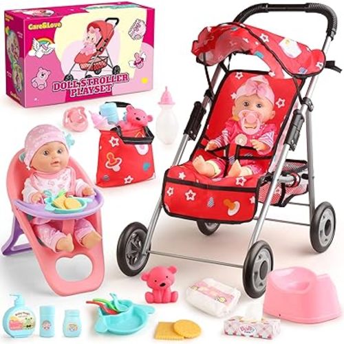 Baby Doll Stroller Set - A 12.5" Baby Doll with Doll Accessories & 2 Sets Clothes, Baby Doll Stroller for Toddlers 3-5, Doll Playset Toy Stroller for Kids, Gifts for Girls 3 4 5 Year Old Girls Toys
