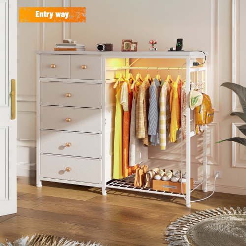 EnHomee Dresser with Clothes Rack White Dresser for Bedroom Dresser with 6 Fabric Drawers & LED Charging Station