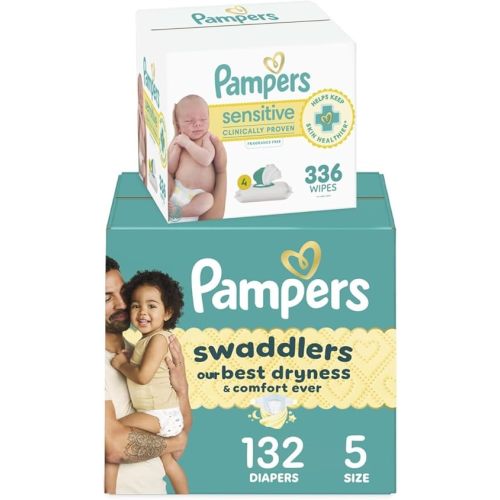 Pampers Swaddlers Disposable Baby Diapers Size 5, 132 Count with Sensitive Water Based Baby Wipes 4X Pop-Top Packs (336 Count)