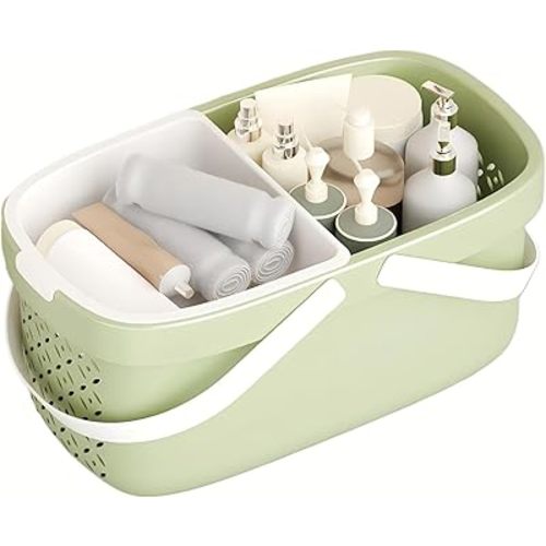 Pulseplay Plastic Organizer Storage Basket with Handles Portable Large Capacity Shower Caddy Basket with Drainage Holes for Bathroom Living Room College Dorm Room (Green)