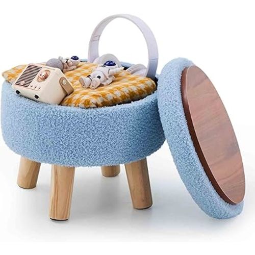 Wimarsbon Storage Ottoman, Modern Round Footrest with Soft Padded Seat, Teddy Velvet Footstool with Wood Legs, Accent Small Table or Plant Stand for Hallway, Living Room (Blue)