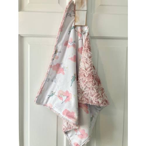 baby girl little lovey baby blanket made from Peter Pan themed  minky fabric/  security blanket/luxe pink swirl minky