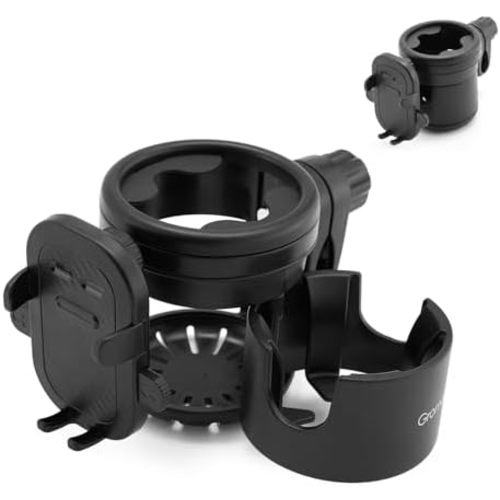 Universal Stroller Cup Holder with Phone Holder, 3-in-1 Detachable Drink Holder 360° Rotatable, Adjustable Cup Holder for Baby Stroller, Tricycle - Black