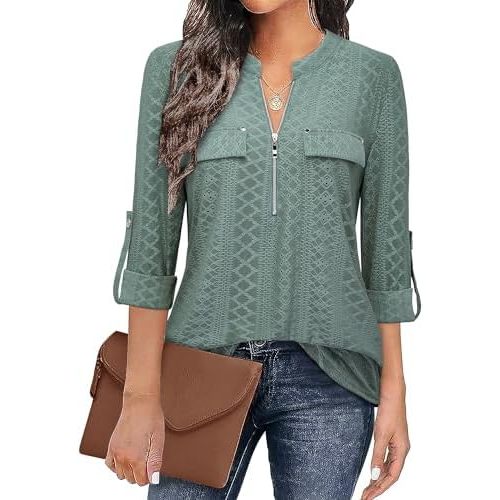 Bulotus Women's Zip Front V-Neck 3/4 Length Sleeve Womens Tops Business Casual Shirts