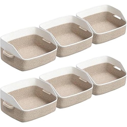 6 Pack Closet Storage Baskets for Organizing, Trapezoid Woven Baskets with Handles for Closets, Perfect for Toys, Clothes, Blankets, Cotton Rope Bins for Clothing Storage, 17.72''Lx14.17''Wx13.39''H