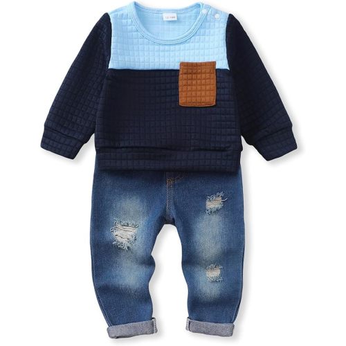 NZRVAWS Toddler Baby Boy Clothes Pullover Sweater Ripped Jean Sweatsuit Little Boy Outfit Fall Winter Clothing Set 6M-7T