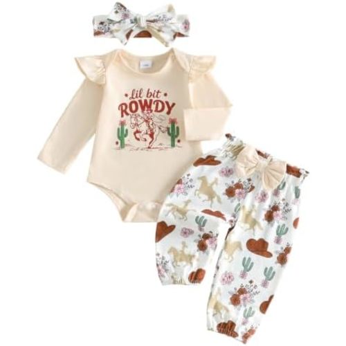Newborn Baby Girl Clothes Western Style Romper and Pants Headband Fall