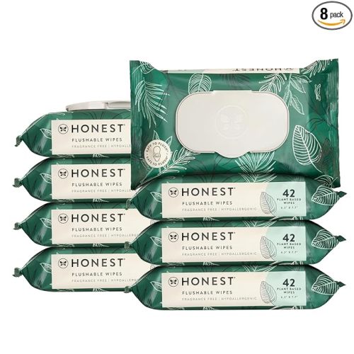 The Honest Company Flushable Wipes for Sensitive Skin, Hypoallergenic, Fragrance-Free, Tropical Leaves Design, 336 Count (8 Packs of 42)
