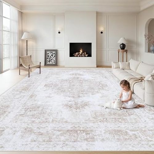 XLUEZ Area Rug 9x12 Living Room Rug, Machine Washable Vintage Distressed Medallion Rug Non-Slip Soft Low Pile Large Indoor Rugs for Bedroom Kitchen Dining Room Office(Beige,9'x12')