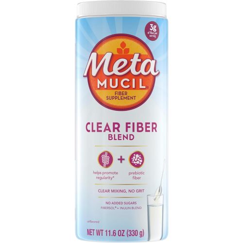 Metamucil Fiber Supplement, Unflavored Clear Mixing Powder, No Grit, No Sugar Added, Plant Based Prebiotic Fiber Supplement Blend for Daily Digestive Health, 75 teaspoons