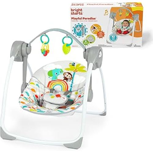 Bright Starts Playful Paradise Portable Compact Automatic Baby Swing with Music, Unisex, Newborn +