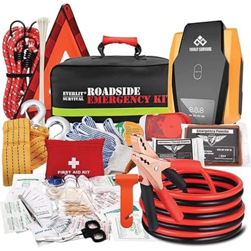 Everlit Survival Car Emergency Kit, Roadside Safety Tool Kit with Gloves,Digital Auto Air Compressor Tire Inflator, First Aid Kit, 12 Feet Jumper Cable, Tow Strap, Flashlight for Women, Men, Teenagers