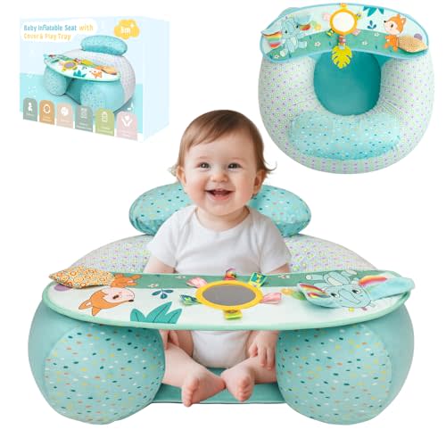 Upgraded Blublu Park Wider U-Shape Inflatable Sit Me Up Floor Seat for Baby 3-36 Months, Portable Baby Chair with Activity Sensory Tray for Sitting Up, Infant Floor Seats & Loungers, Elephant