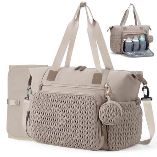 Diaper Bag Tote, Large Baby Hospital Bag for Labor Delivery Mom | Travel Diaper Tote with Changing Pad, Pacifier Case, Insulated Pockets, Luggage Sleeve, Shoulder Strap, Quilted Taupe