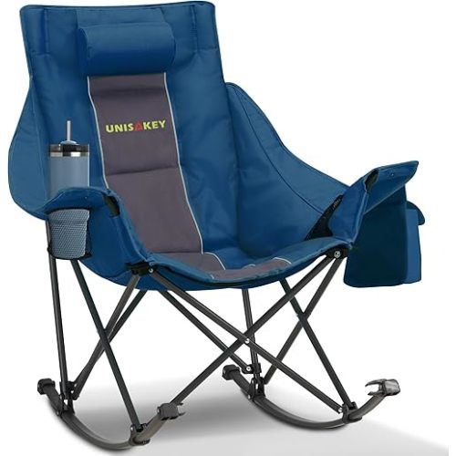 Oversized Rocking Camping Chair with Headrest & Cup Holder - 400lbs Capacity, 600D Oxford Fabric, Easy Fold Portable Outdoor Rocker Chair for Camping, Backyard, Beach, Blue