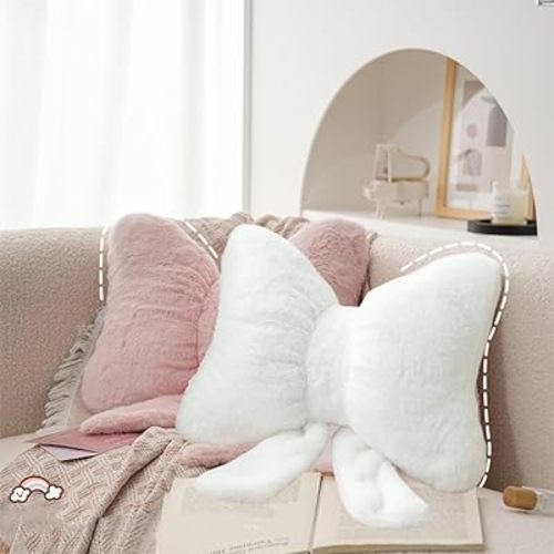 2 Pcs Coquette Bow Throw Pillows Cute Bowknot Plush Pillow Coquette Home Decor Stuffed Decorative Bow Lumbar Pillow for Girls Loft Bed Decor Accessories (Pink+White)