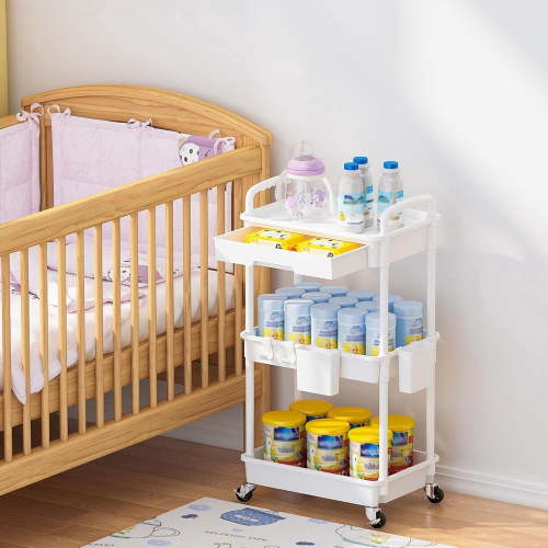 SOYO 3 Tier Rolling Utility Cart with Drawer, Utility Cart Organizer, Storage Organizer with Lockable Wheels, Rolling Storage Cart for Kitchen, Bathroom, Snack, Craft, Office, White, 3 Tier