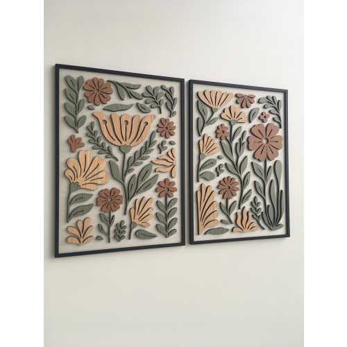 Folk Petals Wood Wall Art - Botanical Plant Wall Decor - Tree Art - Mid Century Modern wall art - Boho Room - Bauhaus Art (Set of 2) White