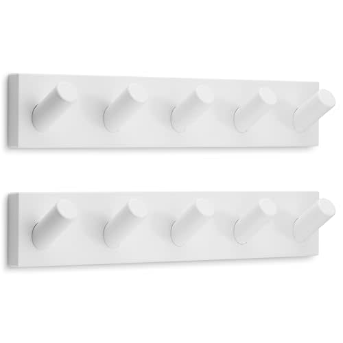 LARHN Wall Mounted Coat Rack, White with 5 Heavy-Duty 1" Diameter Hooks (2-Pack), 16.5" - Wall Hook Rack - Modern Scandinavian Home Decor